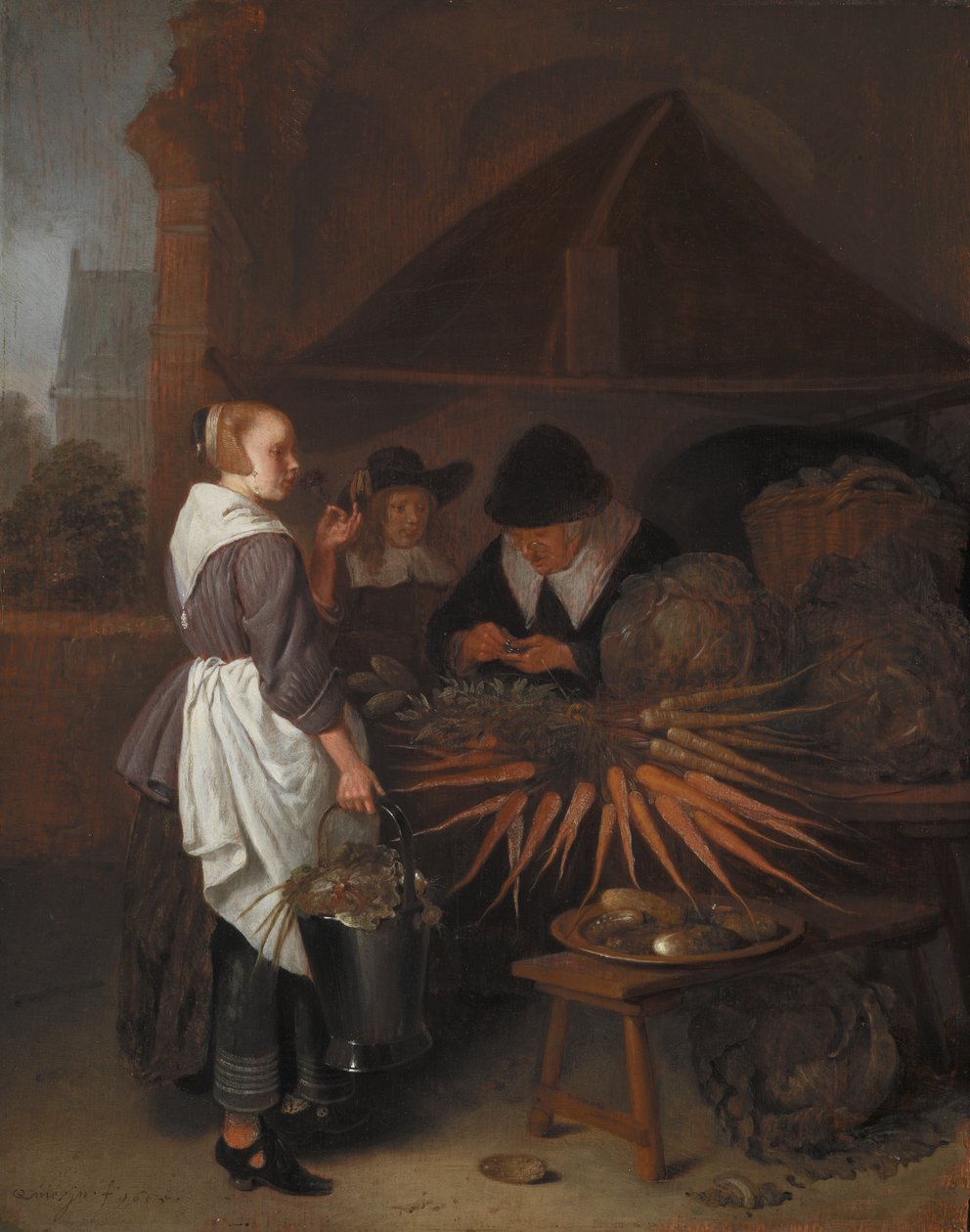 蔬菜摊位，1665（橡木板上的油） 作者 Quiringh Van Brekelenkam
