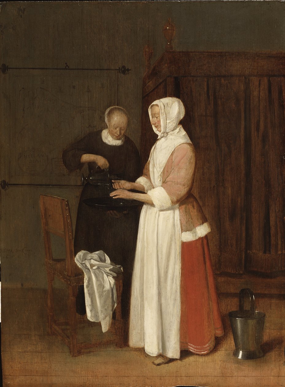 Une femme lave ses mains - A Woman Washing her Hands，Brekelenkam，Quiringh van（约 1622-约 1669 年）。 木头上的油 作者 Quiringh Gerritsz。范·布雷克伦卡姆