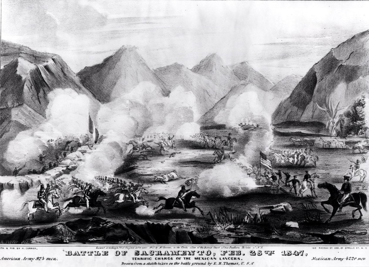萨克拉曼多之战：1847年2月28日墨西哥枪骑兵的极大冲锋，由Nathanial Currier（1813-88）1847年镌刻并出版 作者 特尔弗