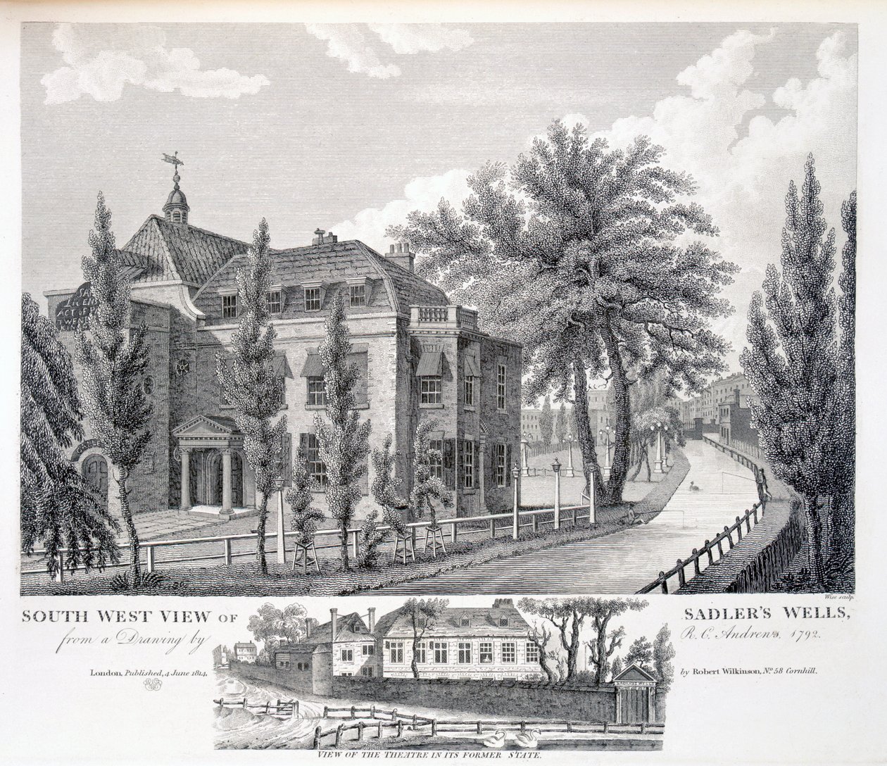 萨德勒威尔斯的西南景观和前州的剧院景观，由William Wise（fl.1790-1818）雕刻，酒吧。罗伯特威尔金森，伦敦，1814年 作者 RC安德鲁斯
