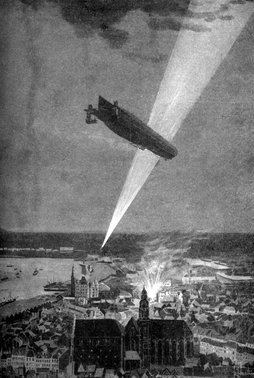第一次世界大战，1914年8月24日，齐柏林飞艇轰炸安特卫普。 作者 RG马修斯