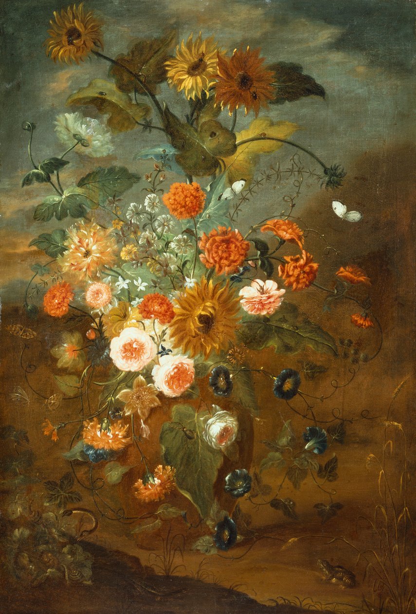 花瓶中的玫瑰、康乃馨、向日葵与蝴蝶、青蛙、昆虫（布面油画） 作者 雷切尔·鲁伊施