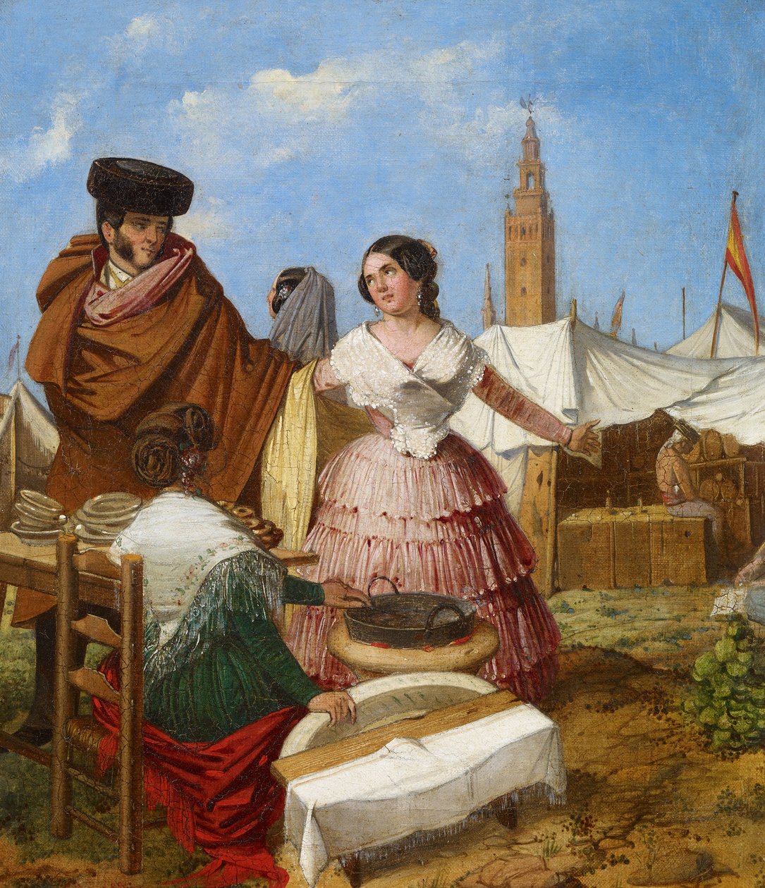 在塞维利亚集市的环形糕点摊前求爱 - Benjumea, Rafael (c. 1825-c. 1887) - 1852 - 布面油画 - 35x30 - 马拉加卡门-蒂森博物馆 作者 拉斐尔·本朱梅亚（Rafael Benjumea）