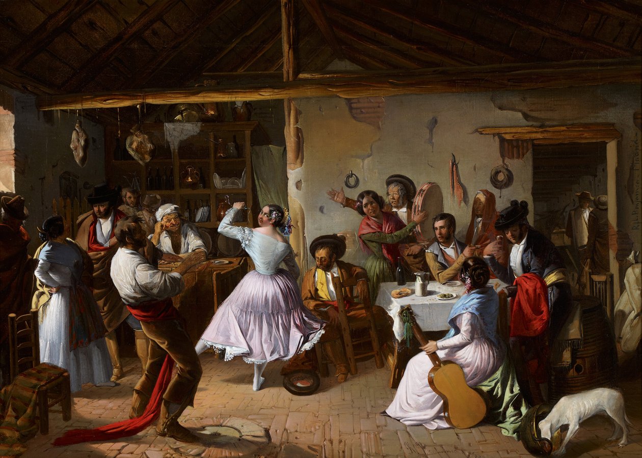 乡村旅店的舞蹈 - Benjumea, Rafael (c. 1825-c. 1887) - 1850 - 布面油画 - 46x65 - 马拉加卡门-蒂森博物馆 作者 拉斐尔·本朱梅亚（Rafael Benjumea）