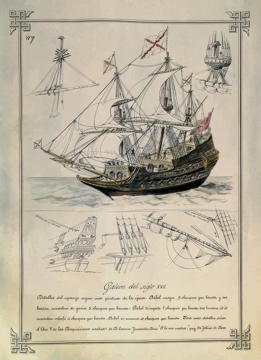 19 世纪绘图中的 17 世纪 GALEON 作者 拉斐尔·蒙莱昂和托雷斯
