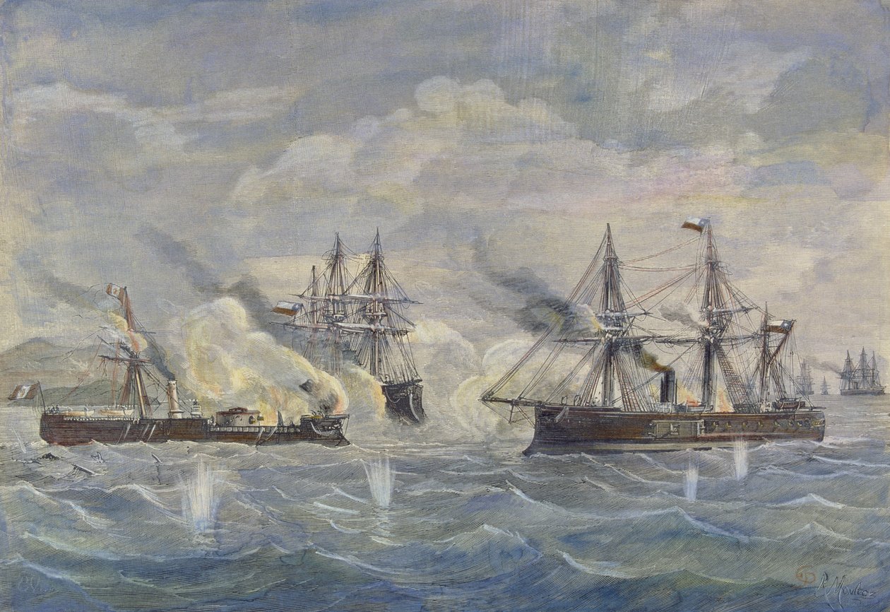 1879 年秘鲁船 "Huascar "号与智利船 "Blanco Encalada "号和 "Cochrane "号之间的海战 作者 拉斐尔·蒙莱昂和托雷斯