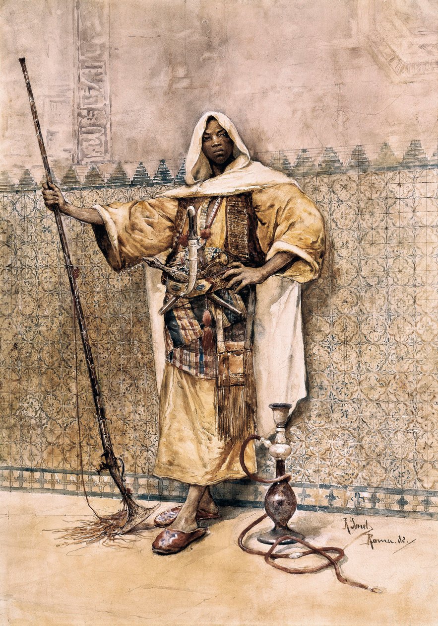 东方主义：““一个阿拉伯男人的肖像，士兵武器，他在腰带上戴着刀”“拉斐尔·塞内特·佩雷斯（Rafael Senet y Perez）（1856-1926）1881 年塞维利亚的水彩画。 美术博物馆。 作者 拉斐尔·塞内特