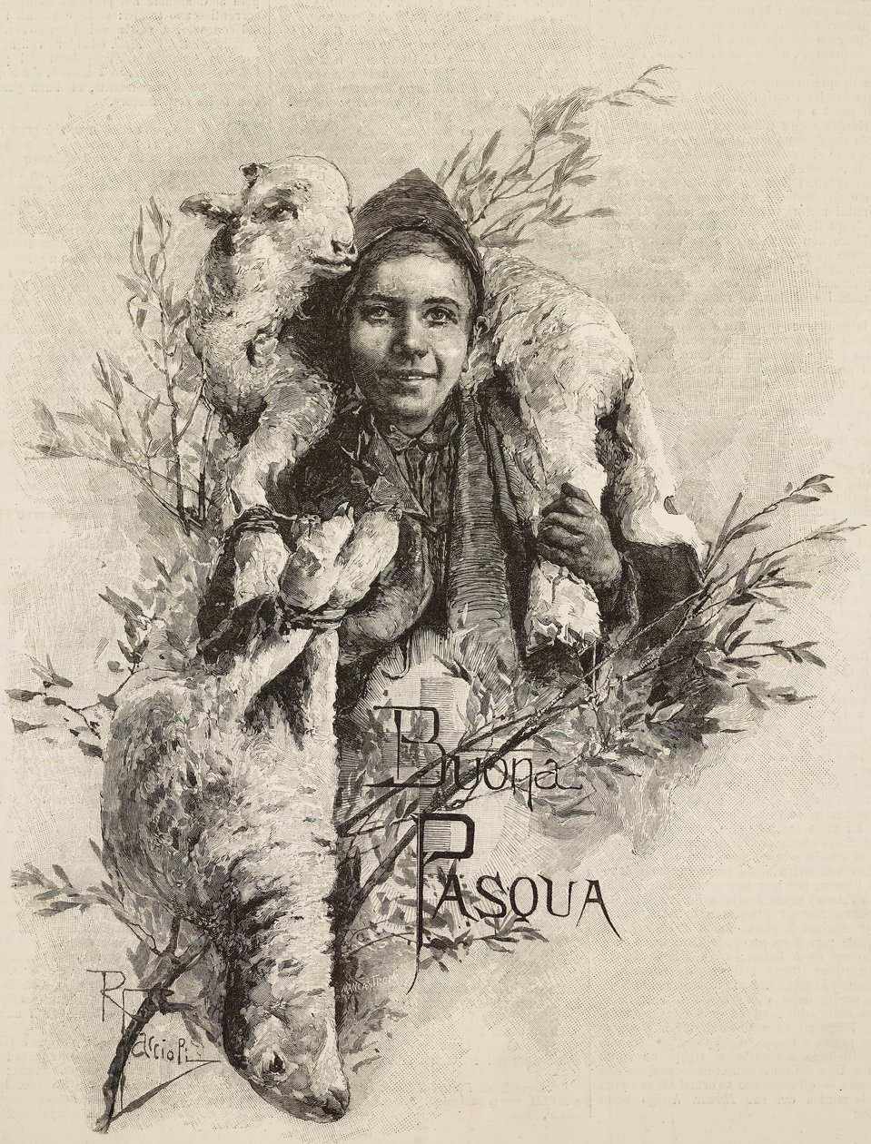 复活节快乐，肩扛羊羔的年轻人》，根据拉斐尔-法乔利（1836-1914 年）的画作雕刻，选自《意大利画报》第 16 年第 16 期，4 月 21 日 作者 拉斐尔·法乔利（Raffaele Faccioli）