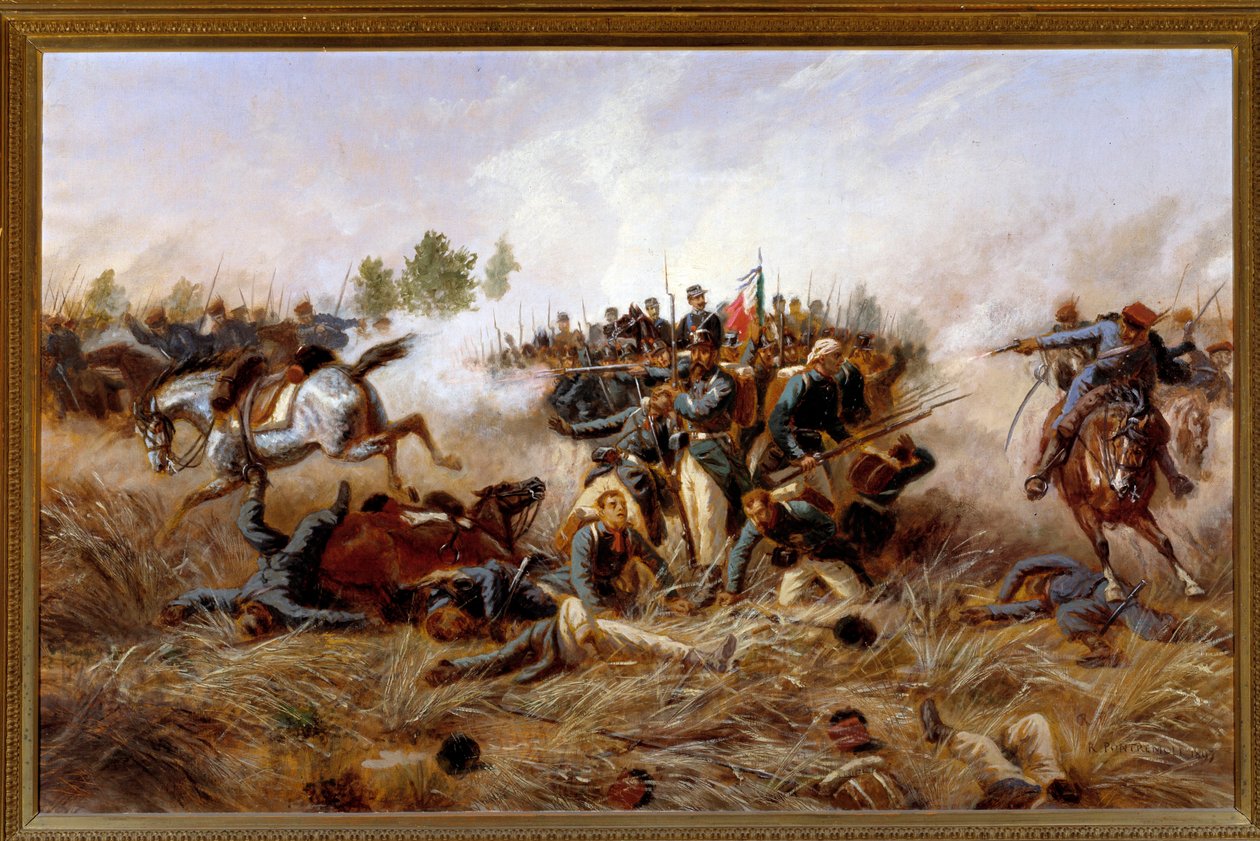 Risorgimento, Austro-Prussian War (Third Italian War of Independence): view of the Battle of Custoza (Custozza) 24/06/1866 - (Third Italian War of Independence, Battle of Custoza on 24th June 1866) Painting by Raffaele Pontremoli (1832-1905) 1897 Dim 136x8 作者 拉斐尔·庞特雷莫利