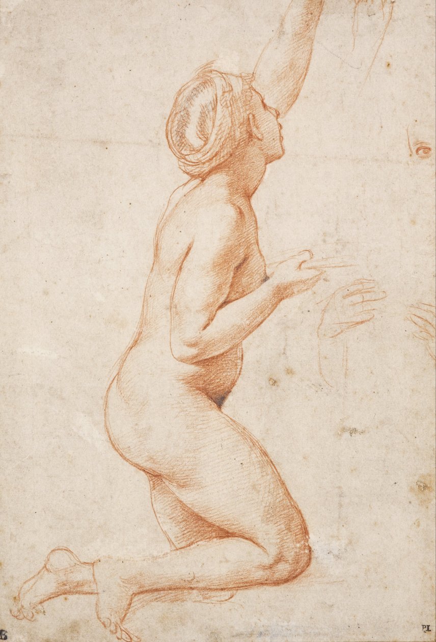 一个跪着的裸体女人，她的左臂抬起 作者 拉斐尔（Raffaello Sanzio Raphael）