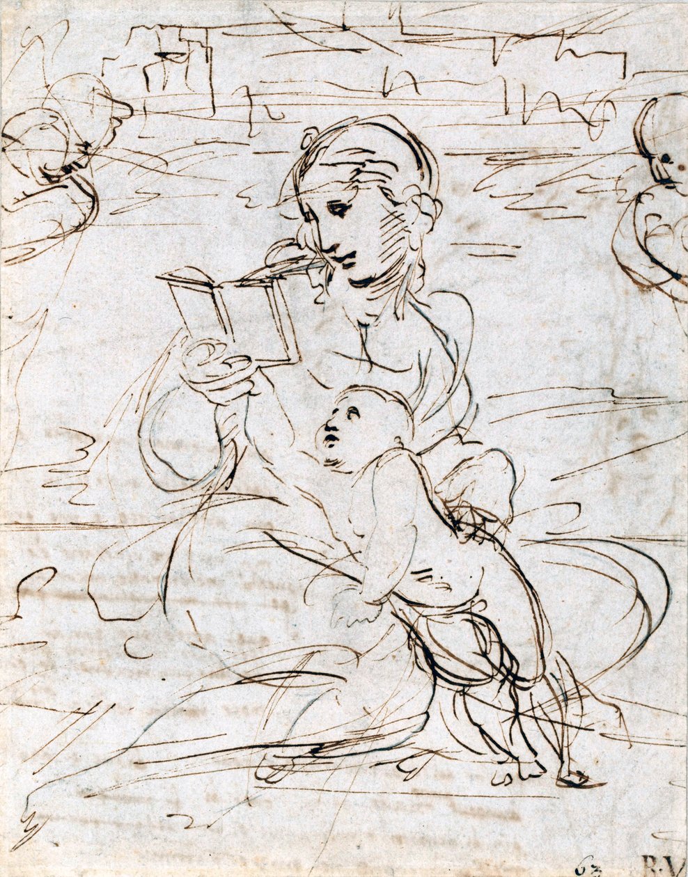 在两个天使头之间读一读《麦当娜和孩子的风景》，1509年 作者 拉斐尔（Raffaello Sanzio Raphael）