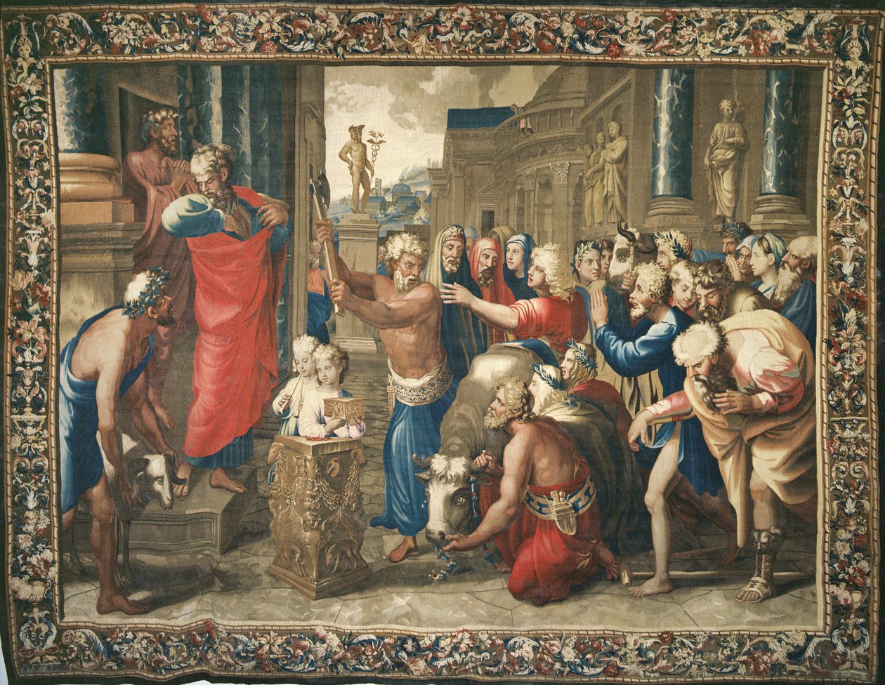 挂毯描绘使徒行传，利斯特拉的牺牲，在菲利普·佩格尔（Philippe Behagle，1641-1705），1695-98（羊毛挂毯）的指导下在Beauvais工作室编织 作者 拉斐尔（Raffaello Sanzio Raphael）