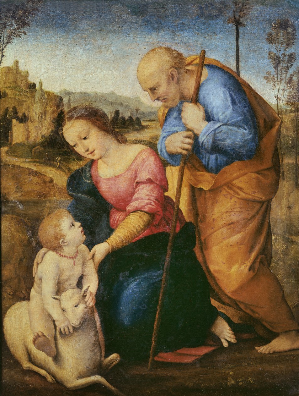 带羔羊的神圣家族（木头上的油） 作者 拉斐尔（Raffaello Sanzio Raphael）