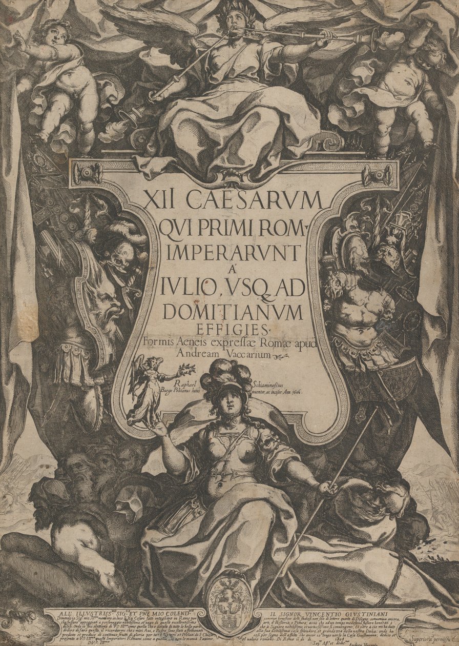 正面插图，一个吹小号的人坐在一个圆形图案的上面，两边是三条腿，1606年。 作者 拉斐尔（Raffaello Schiaminossi）