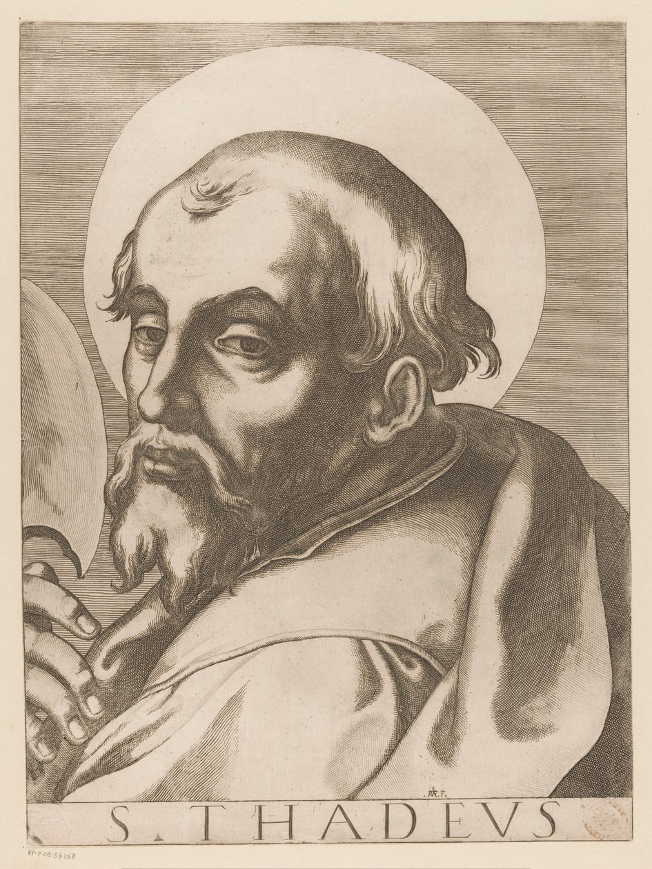 万福的犹大-塔德斯
S.Thadeus（物品上的标题）
Christus, Maria en de twaalf apostelen（系列标题）
Il sacrato collegio apostolico（系列标题） 作者 拉斐尔（Raffaello Schiaminossi）