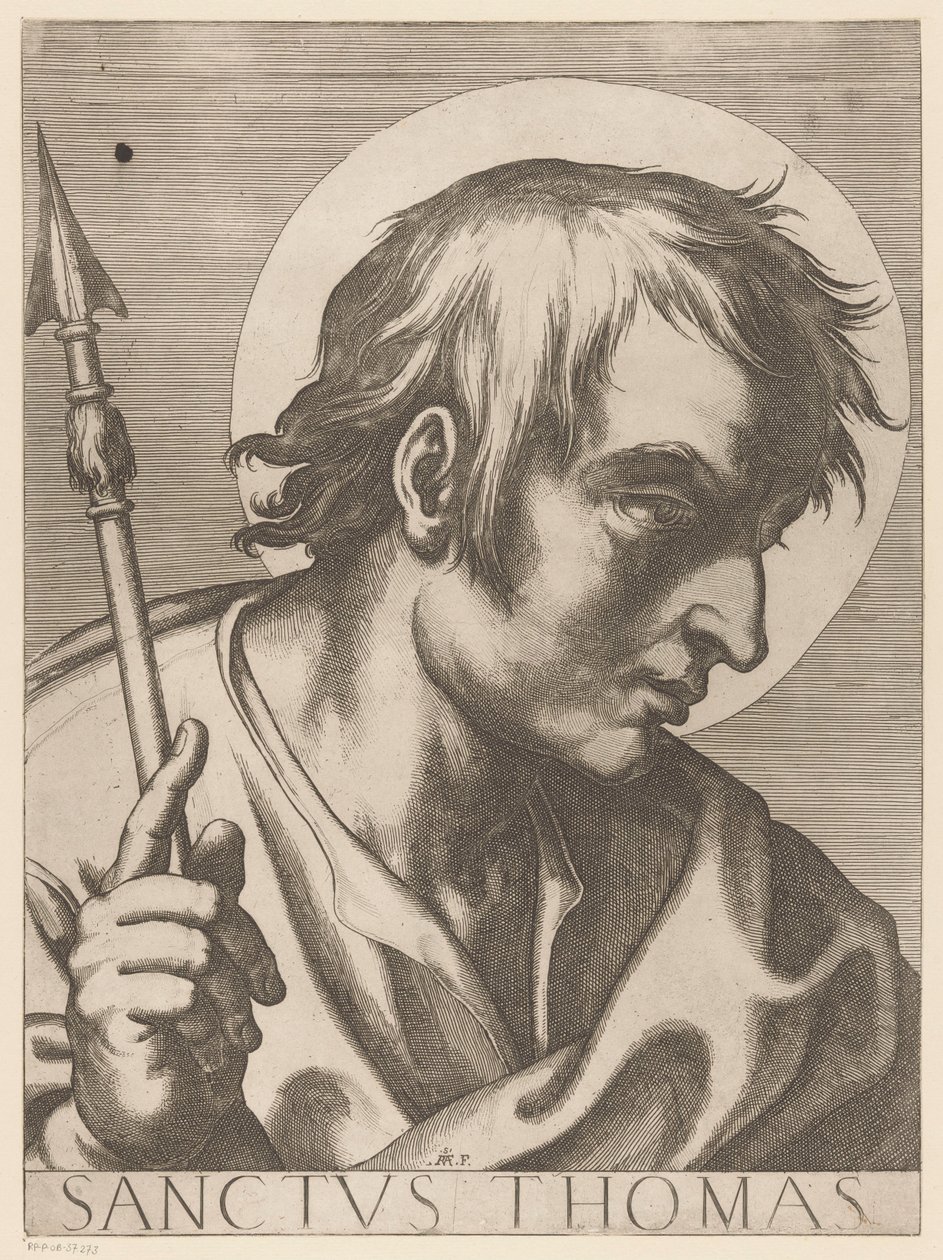 托马斯万岁
托马斯圣歌（物品上的标题）
Christus, Maria en de twaalf apostelen（系列标题）
Il sacrato collegio apostolico（系列标题） 作者 拉斐尔（Raffaello Schiaminossi）