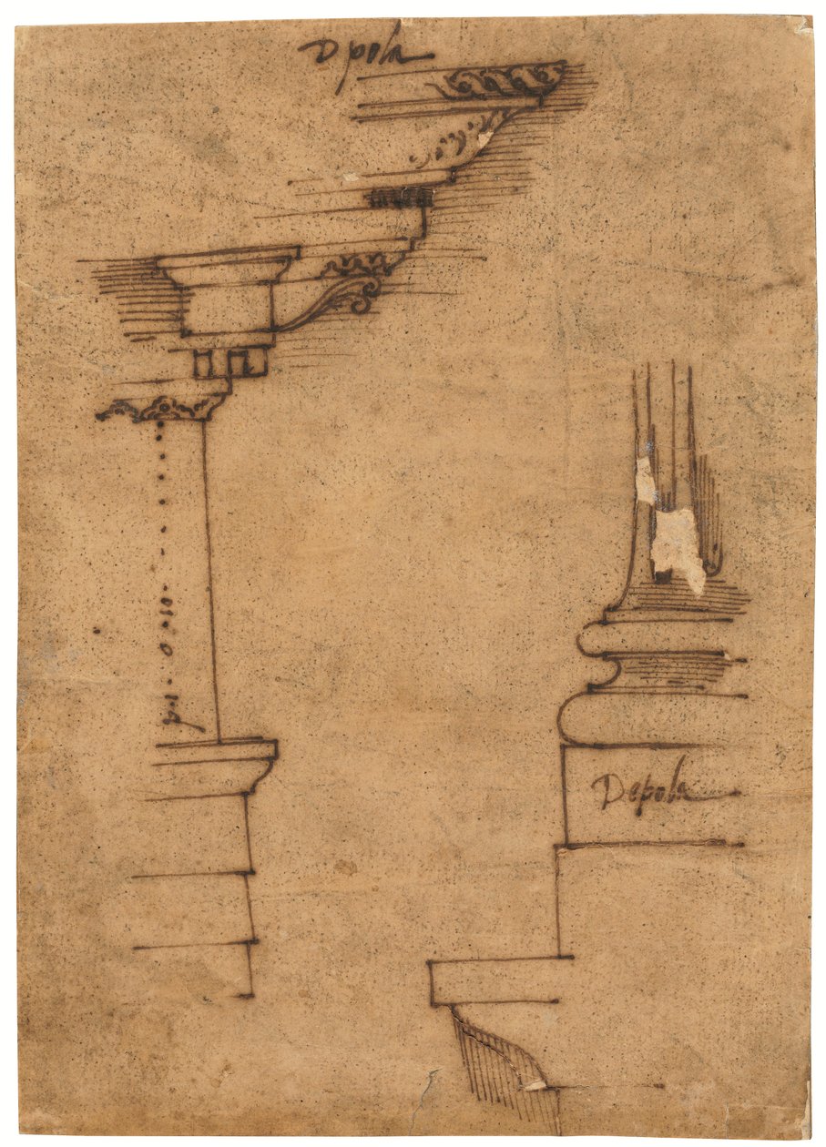 内饰和底座的设计（钢笔和棕色墨水，油性描图纸） 作者 拉斐尔（Raffaello da Montelupo）