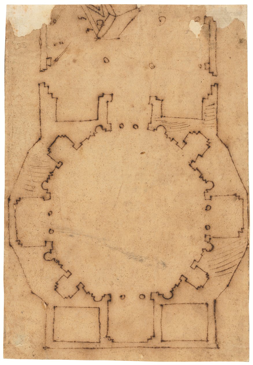教堂平面图（钢笔和棕色墨水，涂油描图纸） 作者 拉斐尔（Raffaello da Montelupo）
