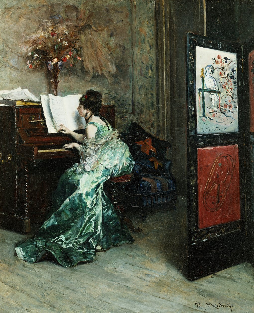 一位在室内弹钢琴的女士， 作者 Raimundo de Madrazo y Garreta
