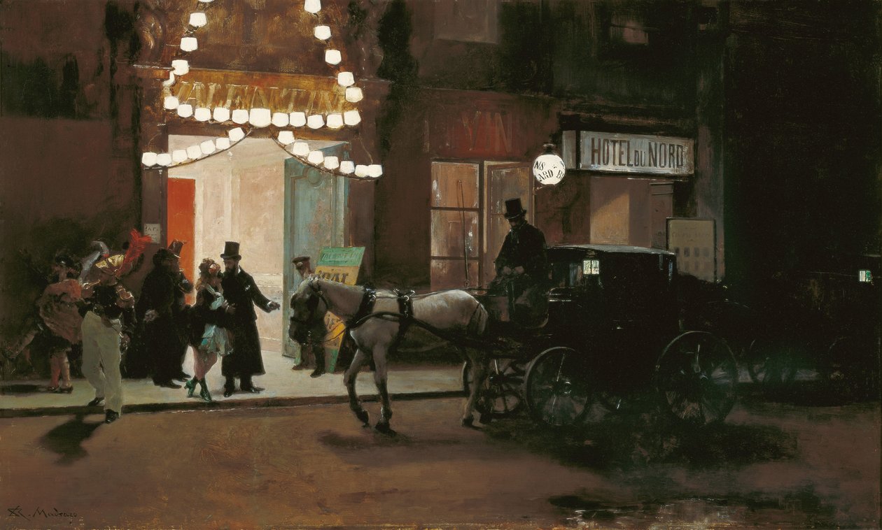 离开假面舞会 - 马德拉索-加雷塔，雷蒙多-德（1841-1920 年） - 约 1885 年 - 木板油画 - 49x80,5 - 马拉加卡门-蒂森博物馆 作者 Raimundo de Madrazo y Garreta