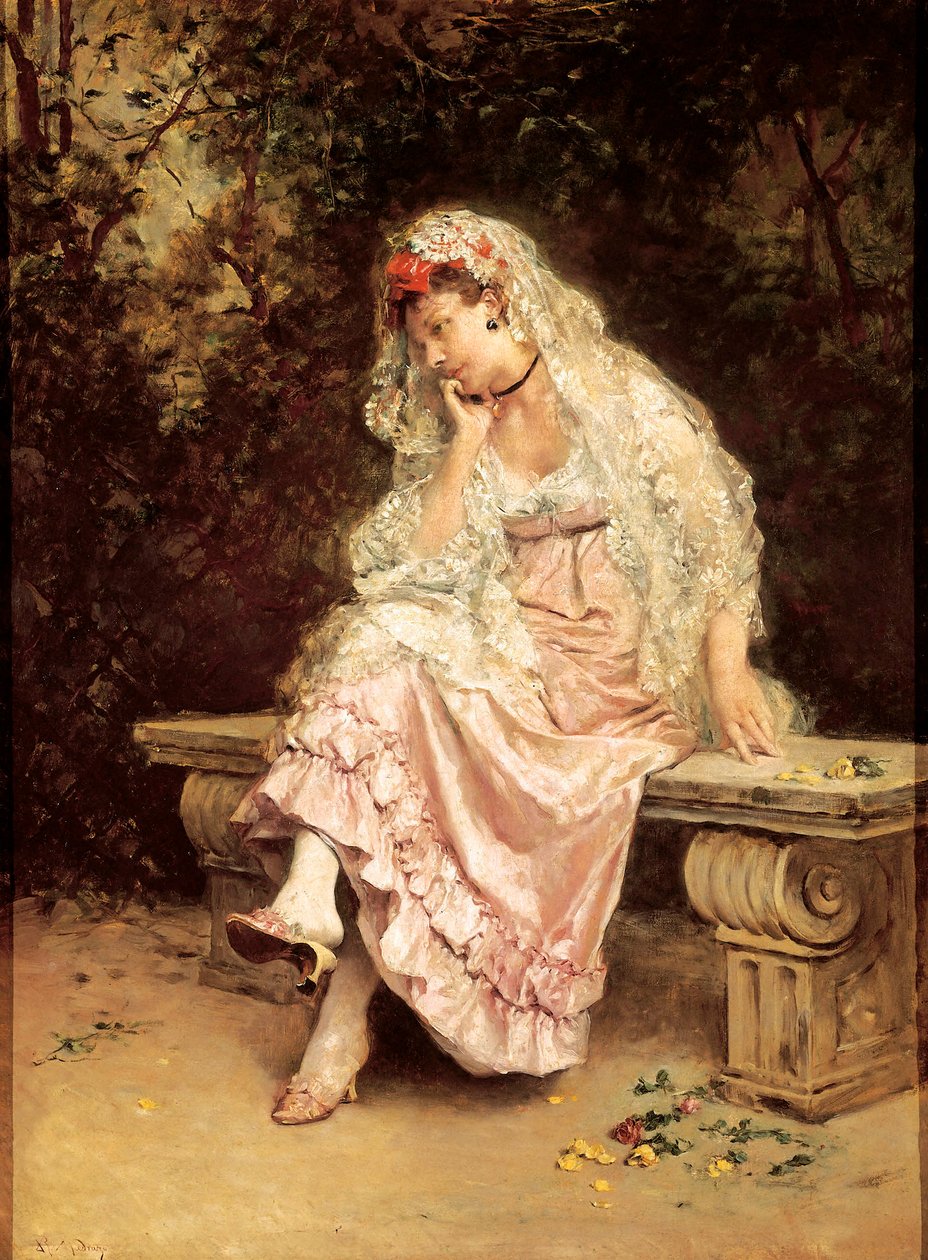 ““花园里的年轻女人”，雷蒙多·马德拉佐（Raimundo Madrazo）（1841-1920）的绘画。 1900 年左右。毕尔巴鄂美术博物馆。 作者 Raimundo de Madrazo y Garreta