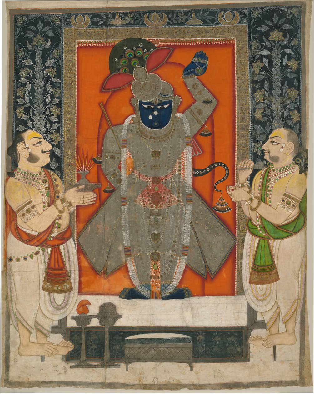 祭司祭祀克里希纳（Krishna）作为Shrinathji，参加“山区美食节” [Annakuta utsava]；神社挂[pichhavai] 作者 拉贾斯坦Kota学校