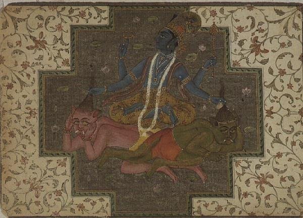 Folio 47.110/69 毗湿奴杀死了恶魔Madhu和Kaitabha，摘自《马坎德亚普罗纳》的 "Devi Mahatmya "部分，拉贾斯坦邦的比卡内尔。 作者 拉杰普特学校