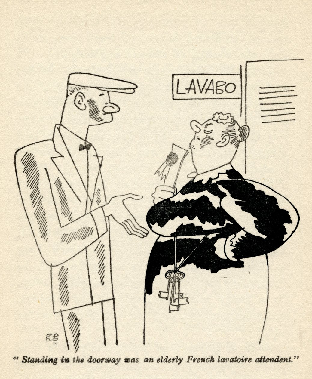“站在门口的是一位法国老年人的老人。”，1928年出版的Anita Loos的“But Gentlemen Marry Brunettes”中的插图 作者 拉尔夫·巴顿