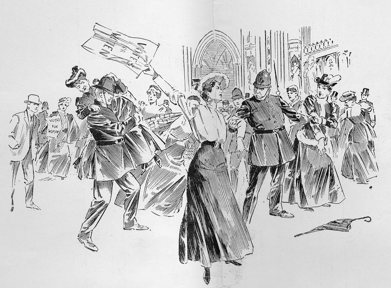 1906年10月27日，“The Graphic”中发表的一篇题为“重组议会”的文章将不可抑制的Suffragettes在大厅中引入了一种转移 作者 拉尔夫·切弗