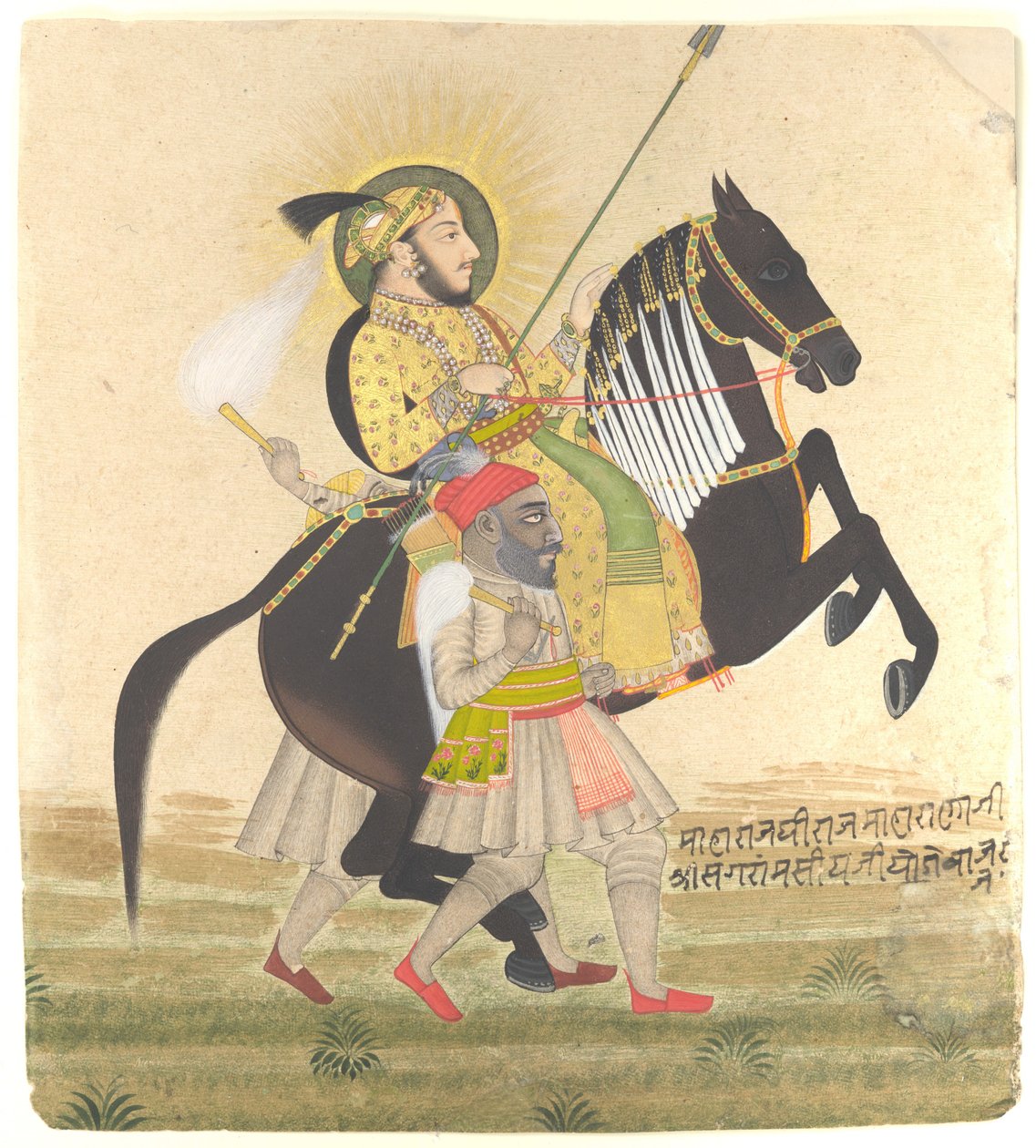 Maharana Sangram Singh骑着公马，约1712年（纸上的墨水，不透明的水彩，金色和巴士拉珍珠） 作者 拉姆·杰（Ram Jai）