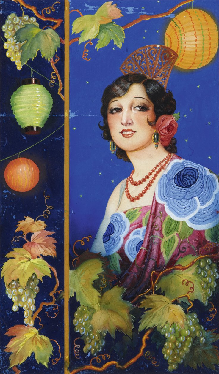 披肩少妇，约 1925 年（纸上水粉画） 作者 Ramón José Izquierdo y Garrido