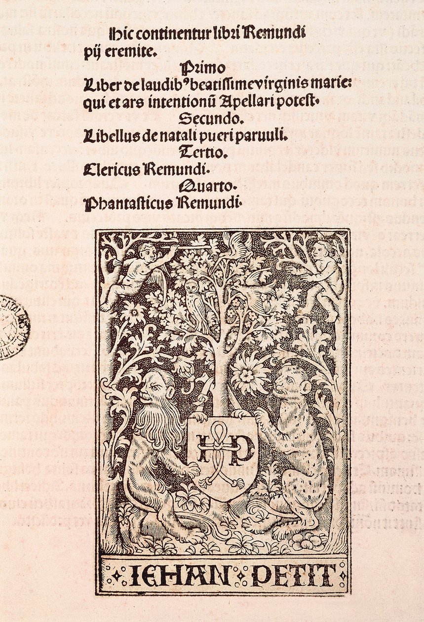 Ramon Llull（1235-1315）手抄本“De Laudibus Beatissimae Virginis Mariae”的页面，描绘了两只狮子拿着印刷商 Jehan Petit 的徽章 作者 拉蒙·鲁尔（Ramon Llull）