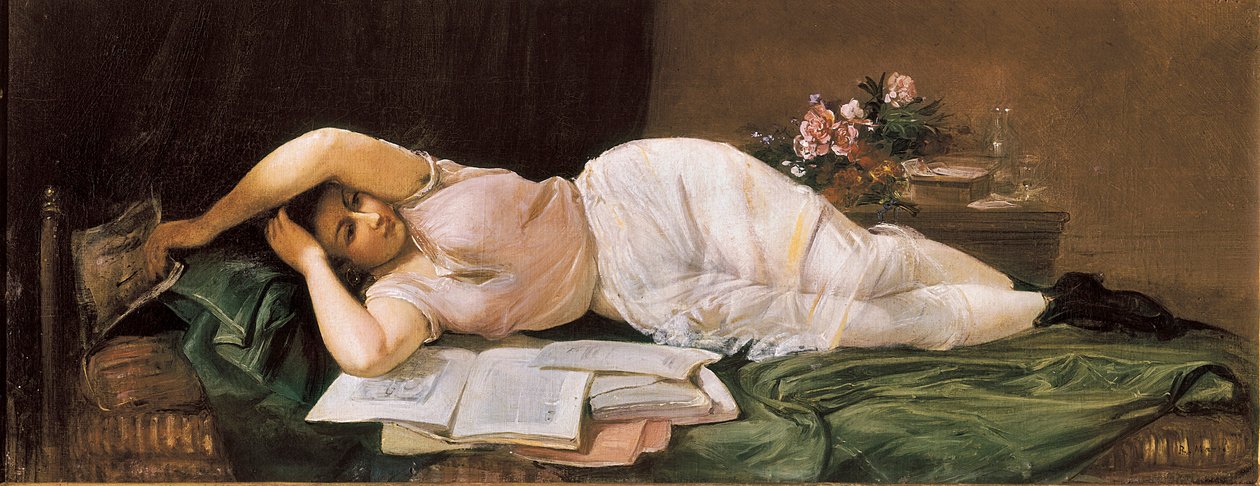 说谎的女人。 Ramon MARTI i ALSINA (1826-1894) 的绘画。 布面油画。 西班牙，埃尔文德雷尔。 故居博物馆 Pau Casals。 作者 拉蒙·马丁·阿尔西纳