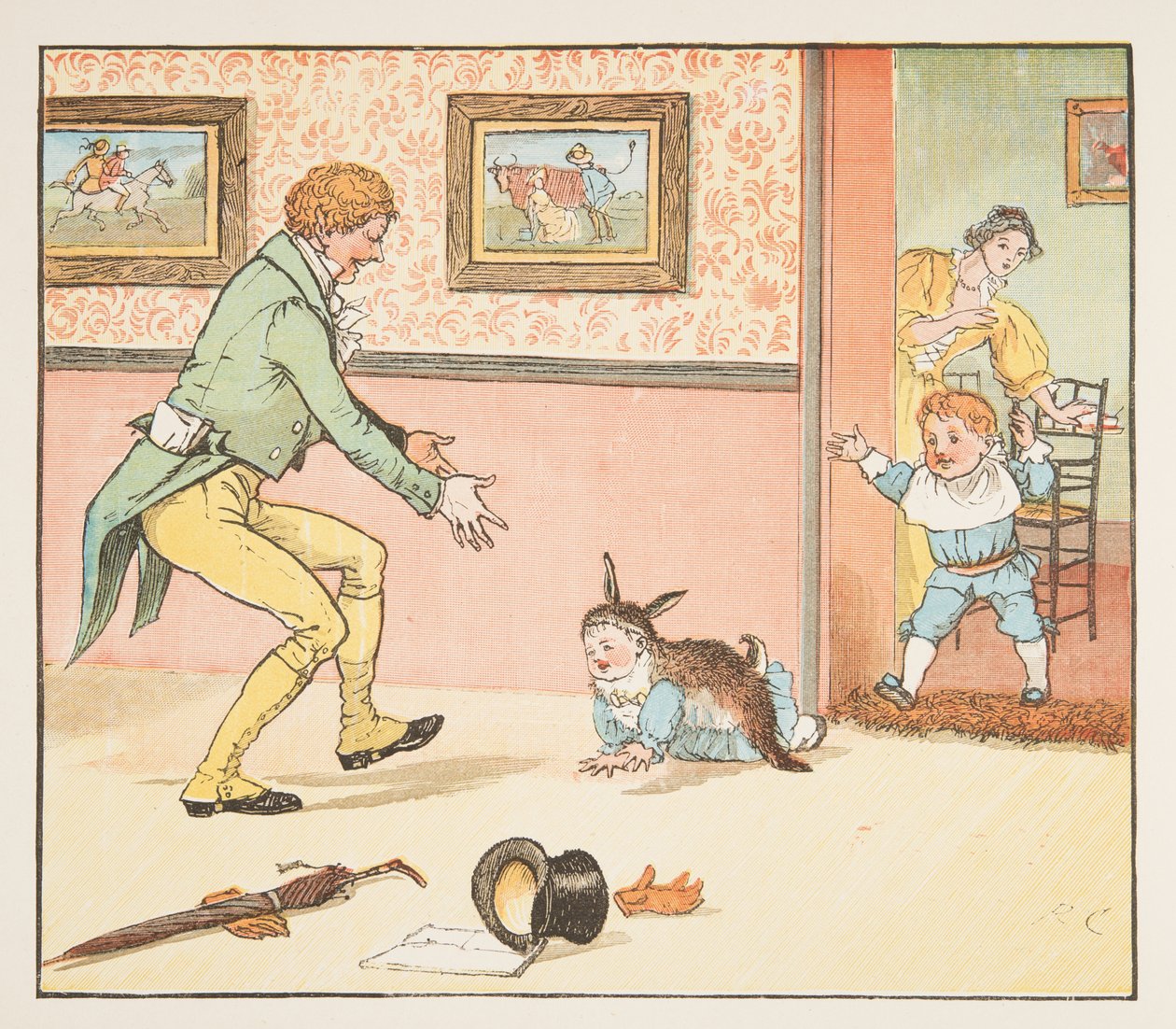 兔皮包裹的婴儿彩旗，来自 The Hey Diddle Diddle 图画书，pub.1882（彩色雕刻） 作者 伦道夫·卡尔德科特