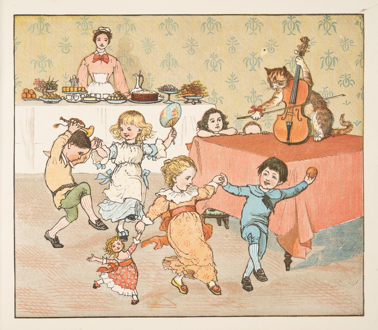 嘿，diddle，diddle，来自 The Hey Diddle Diddle 图画书，pub.1882（彩色雕刻） 作者 伦道夫·卡尔德科特