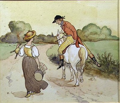 "我可以和你一起去吗，我的漂亮女仆？"，《挤奶女工》插图（纸上水彩）。 作者 伦道夫·卡尔德科特