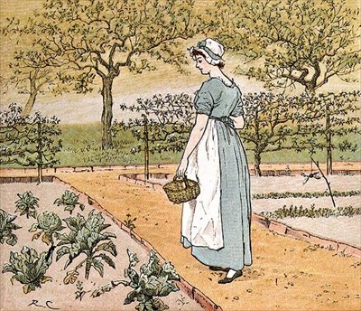她到花园里剪了一片白菜叶子做苹果派》，《伟大的潘金莲本人》的插图（彩色雕刻）。 作者 伦道夫·卡尔德科特
