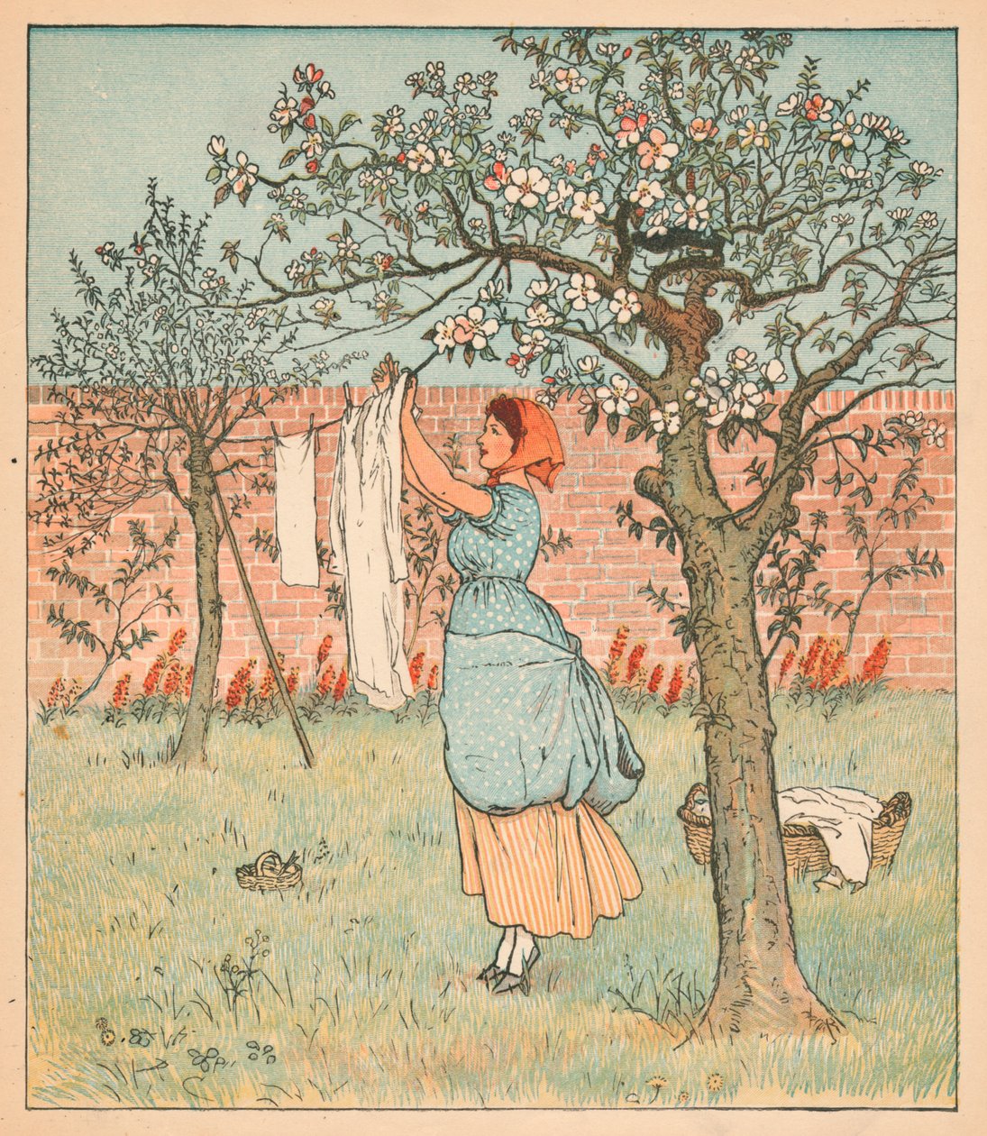 女仆在花园里，挂衣服，1880年。 作者 伦道夫·卡尔德科特