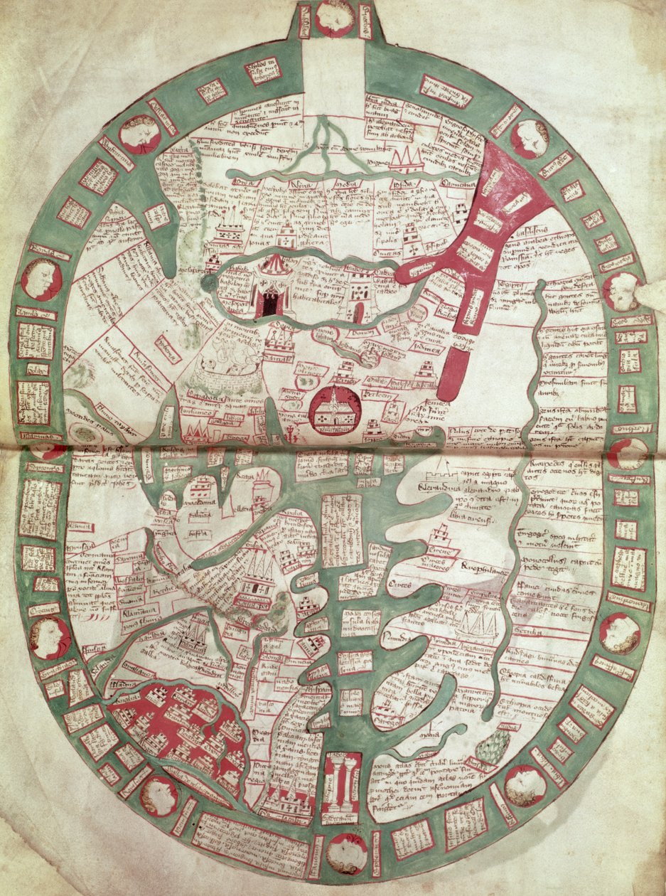 Roy.Ms.14 C. f.1 1v-2r 以耶路撒冷为中心的世界地图，Polychronicon，约 1380 年（牛皮纸） 作者 拉夫·希格登