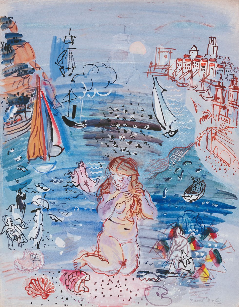 马赛港的安菲特里特；Amphitrite dans le Port de Marseille，约 1927-30 年（纸面水彩和水粉画，铺在厚卡片上） 作者 拉乌尔·杜菲