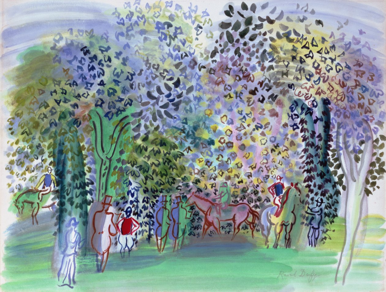 树下的马和骑师，约 1930-1（水彩画） 作者 拉乌尔·杜菲