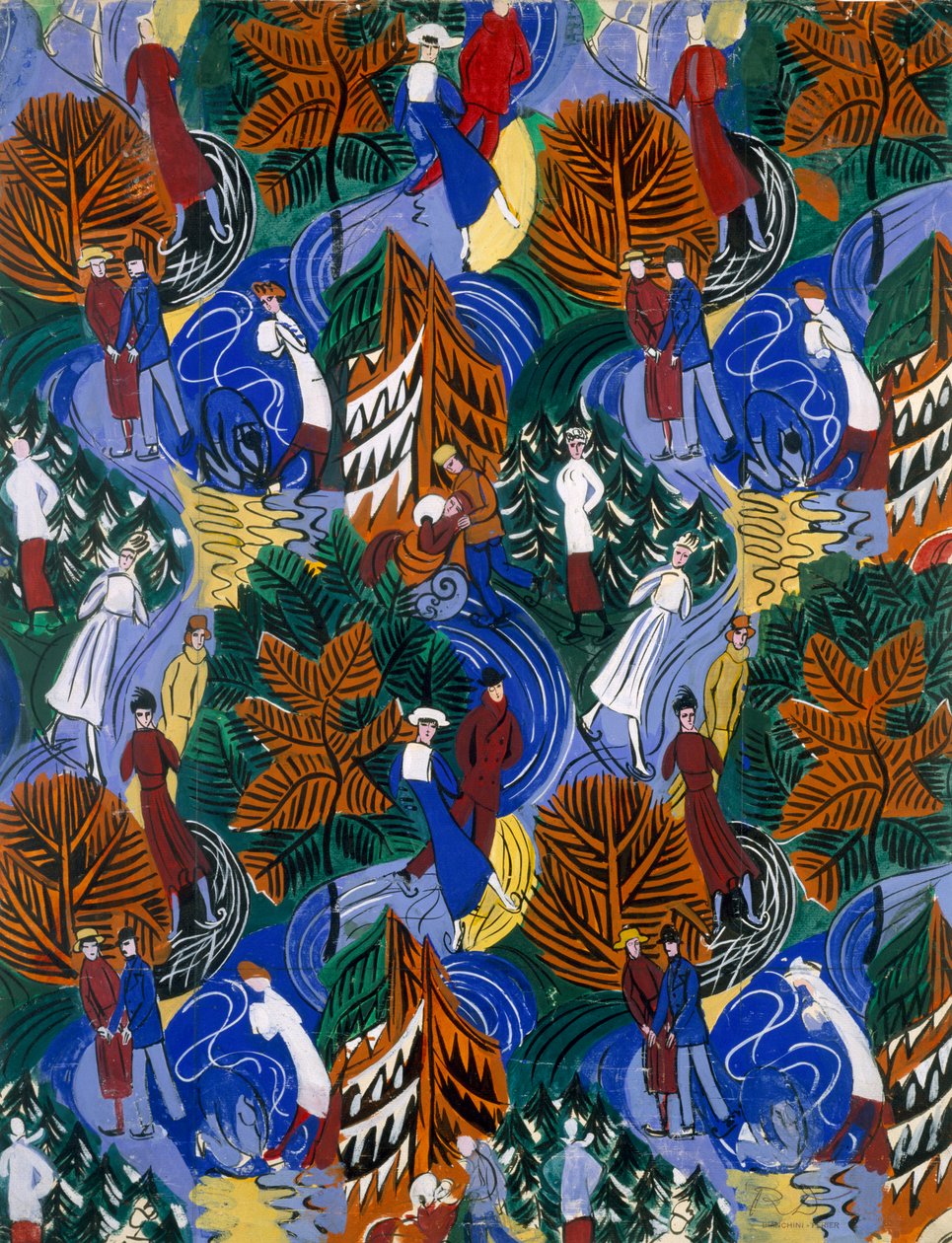 溜冰者，印花丝绸设计，约 1914-20 年（彩色石版印刷） 作者 拉乌尔·杜菲