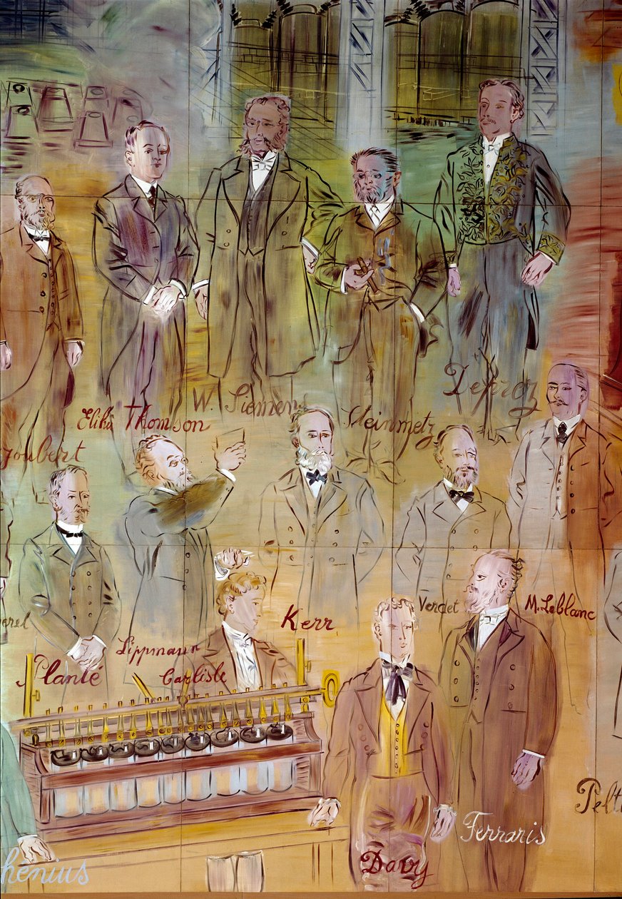 La Fee Electricite，细节：不同知识分子和科学家的肖像：Jules Francois Joubert、Elihu Thomson、Ernst Werner Siemens、Charles Proteus Steinmetz、Marcel Deprez、Gaston Plante、Gabriel Lippmann、John Kerr、Maurice Leblanc、Humphrey Da 作者 拉乌尔·杜菲