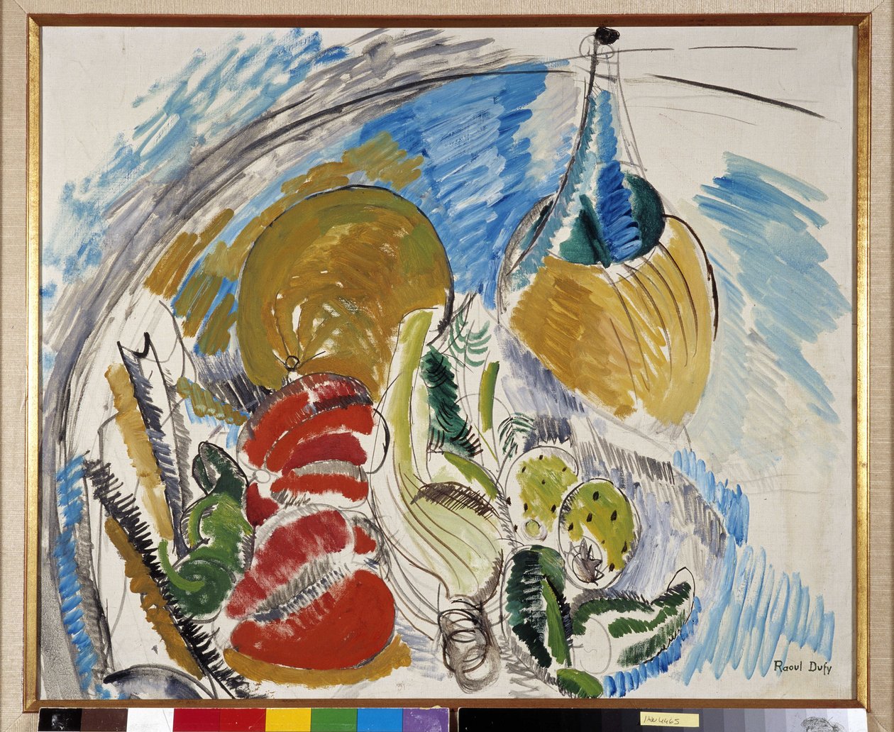 桌上水果、蔬菜和一瓶葡萄酒的静物画 作者 拉乌尔·杜菲