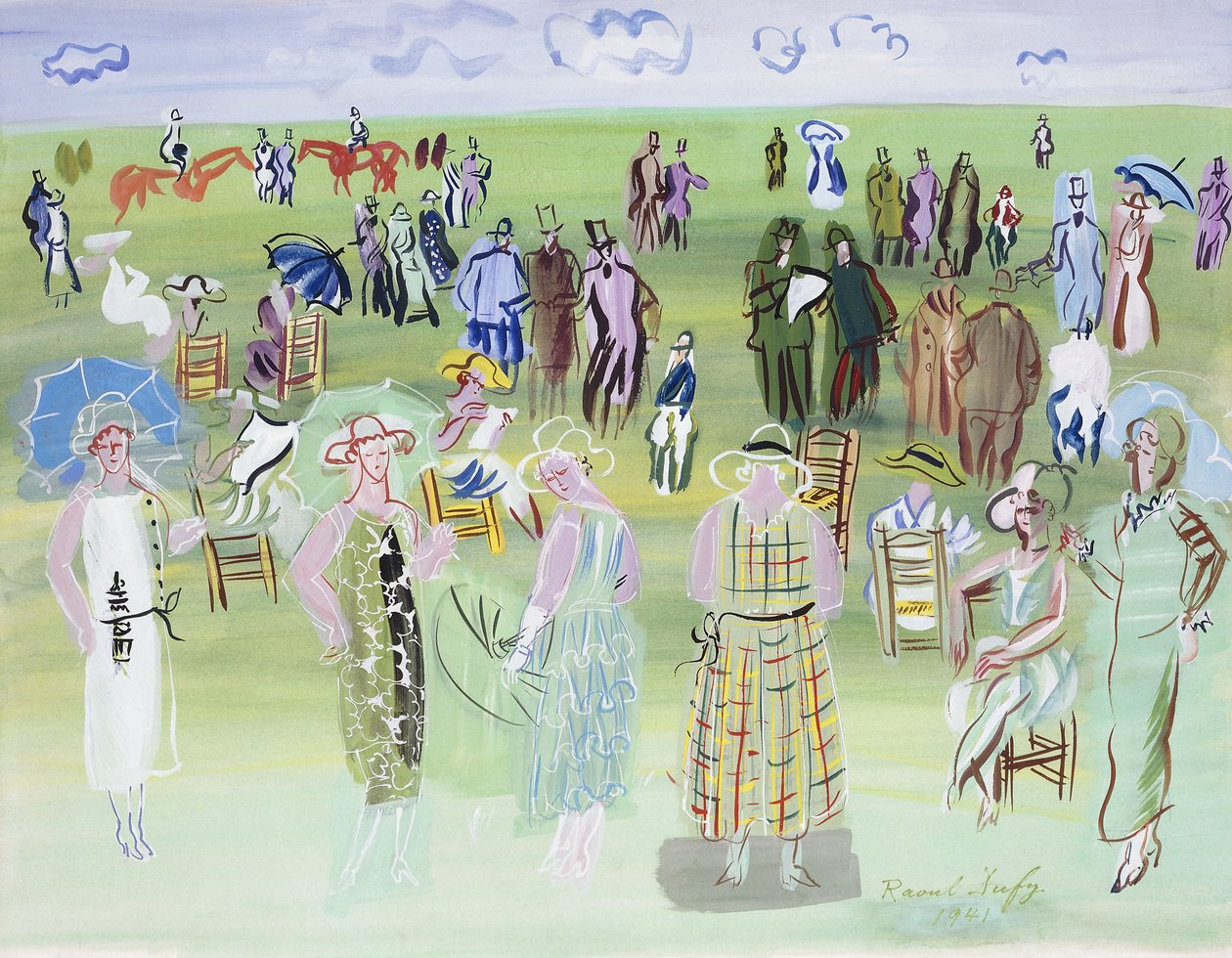 赛马场上的波瓦雷特人体模特，带蓝色雨伞；Les Mannequins de Poiret aux Courses, a l