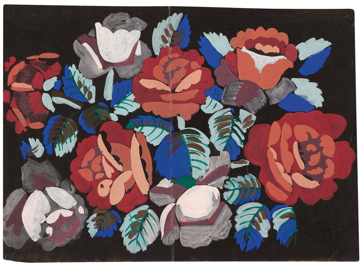 红色和粉色玫瑰（黑色底纸上的水粉画） 作者 拉乌尔·杜菲