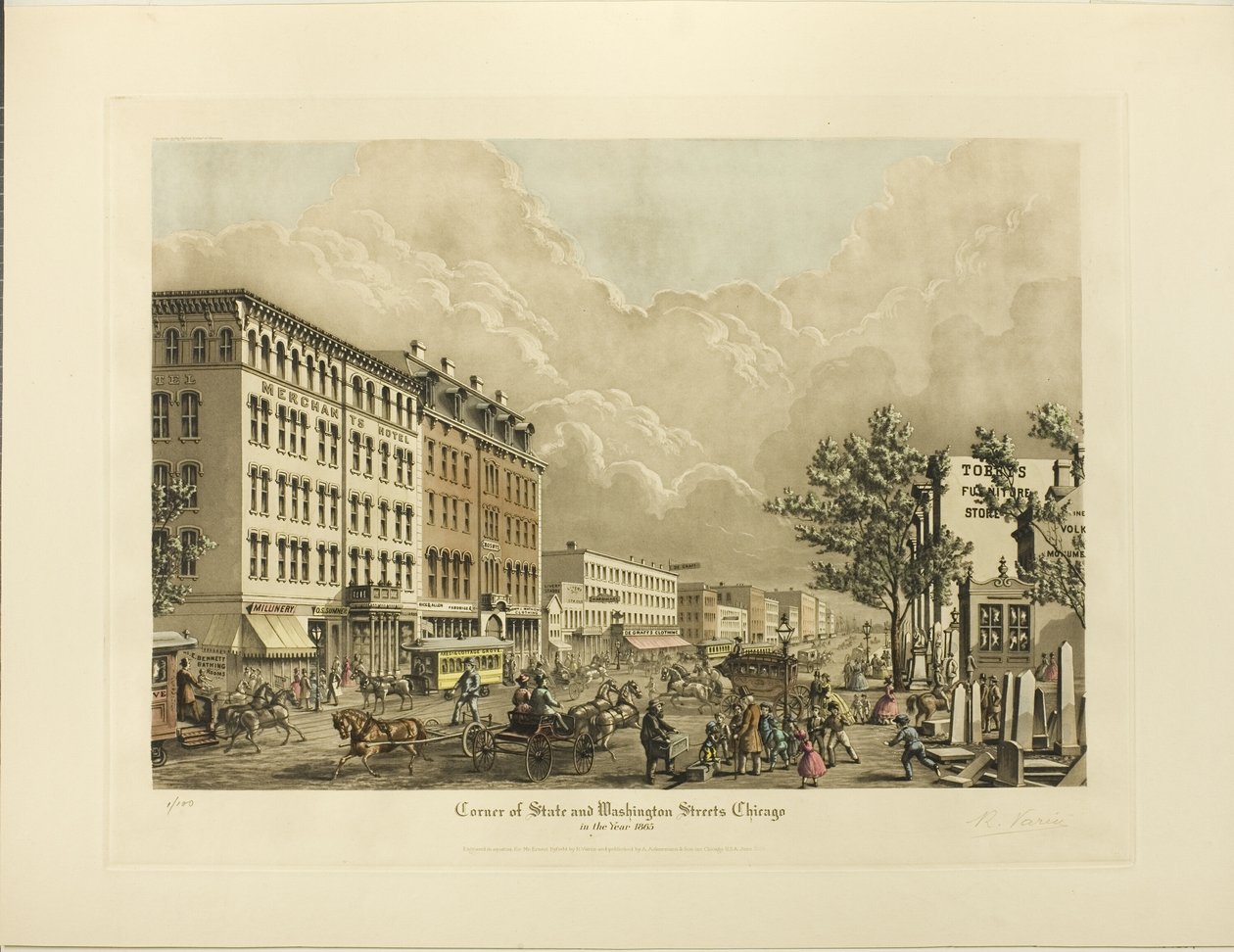 1865 年，芝加哥州街与华盛顿街交汇处 作者 拉乌尔·瓦林