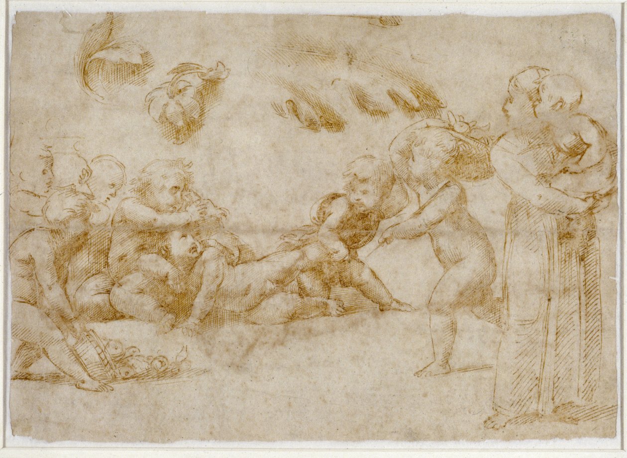 Amorini at Play（笔和棕色墨水在米白纸上） 作者 拉斐尔（Raffaello Sanzio Raphael）
