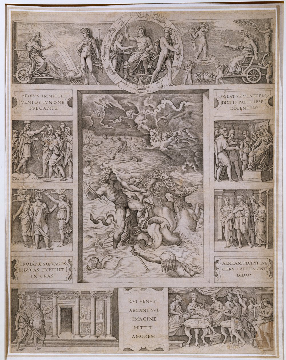 Quos Ego，Neptune平静风暴，边界显示来自Virgil的&39;Aeneid&39;的更多场景，由Marcantonio Raimondi（1480-1534）雕刻c.1515-16 作者 拉斐尔（Raffaello Sanzio Raphael）