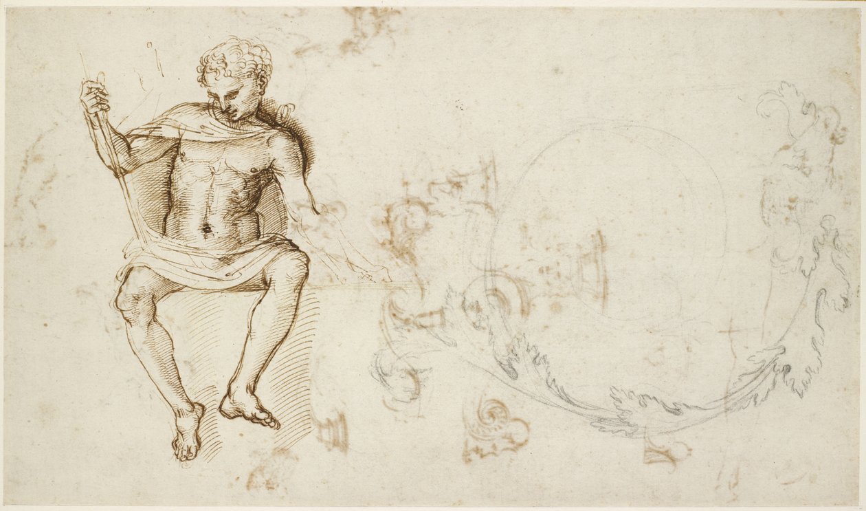 Recto：坐着的男人和老鼠叶子的研究，WA1846.147 作者 拉斐尔（Raffaello Sanzio Raphael）
